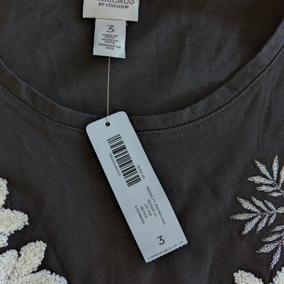 NWT Chico's Weekend Black Embroidered Snowflake Long Sleeve T-Shirt - Picture 4 of 10